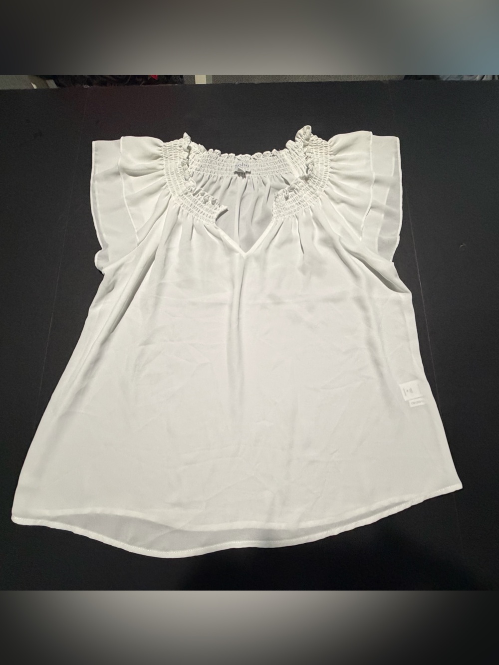 Soho White Smocked‎ Neck Flutter Sleeve Top